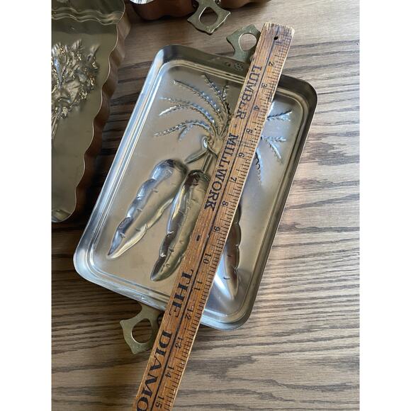 Vintage Copper Tin Lined Mold Celery And Carrots 10" x 7" Brass Handles Set 3 - Picture 5 of 7